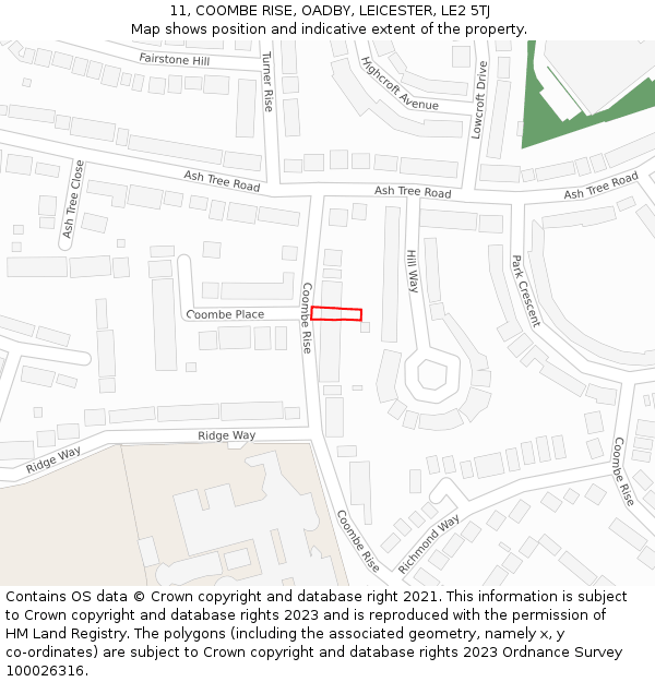 11, COOMBE RISE, OADBY, LEICESTER, LE2 5TJ: Location map and indicative extent of plot