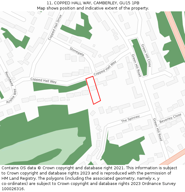 11, COPPED HALL WAY, CAMBERLEY, GU15 1PB: Location map and indicative extent of plot