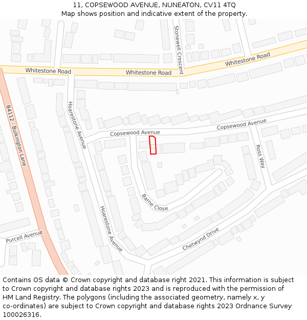 11, COPSEWOOD AVENUE, NUNEATON, CV11 4TQ: Location map and indicative extent of plot