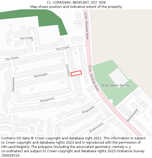 11, CORASWAY, BENFLEET, SS7 3DW: Location map and indicative extent of plot