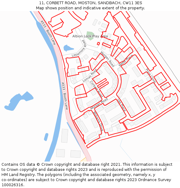 11, CORBETT ROAD, MOSTON, SANDBACH, CW11 3ES: Location map and indicative extent of plot