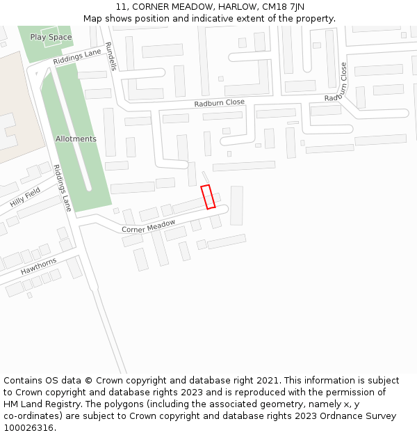 11, CORNER MEADOW, HARLOW, CM18 7JN: Location map and indicative extent of plot