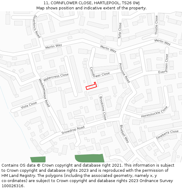 11, CORNFLOWER CLOSE, HARTLEPOOL, TS26 0WJ: Location map and indicative extent of plot