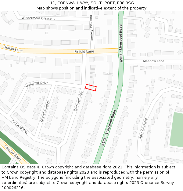 11, CORNWALL WAY, SOUTHPORT, PR8 3SG: Location map and indicative extent of plot