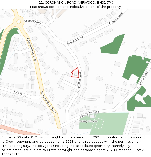 11, CORONATION ROAD, VERWOOD, BH31 7PX: Location map and indicative extent of plot