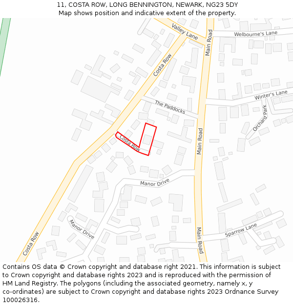 11, COSTA ROW, LONG BENNINGTON, NEWARK, NG23 5DY: Location map and indicative extent of plot