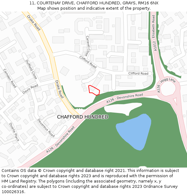 11, COURTENAY DRIVE, CHAFFORD HUNDRED, GRAYS, RM16 6NX: Location map and indicative extent of plot