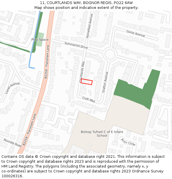 11, COURTLANDS WAY, BOGNOR REGIS, PO22 6AW: Location map and indicative extent of plot