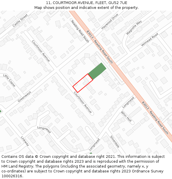 11, COURTMOOR AVENUE, FLEET, GU52 7UE: Location map and indicative extent of plot