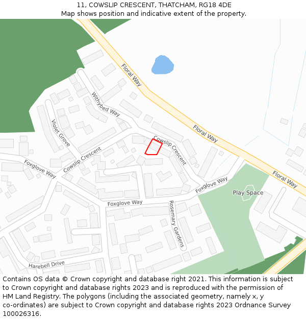 11, COWSLIP CRESCENT, THATCHAM, RG18 4DE: Location map and indicative extent of plot