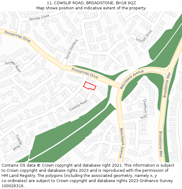 11, COWSLIP ROAD, BROADSTONE, BH18 9QZ: Location map and indicative extent of plot