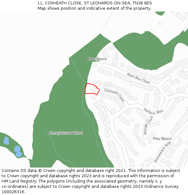 11, COXHEATH CLOSE, ST LEONARDS-ON-SEA, TN38 8ES: Location map and indicative extent of plot