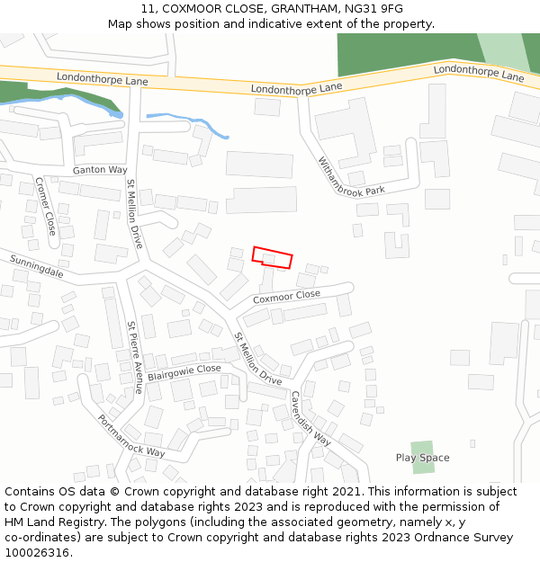 11, COXMOOR CLOSE, GRANTHAM, NG31 9FG: Location map and indicative extent of plot