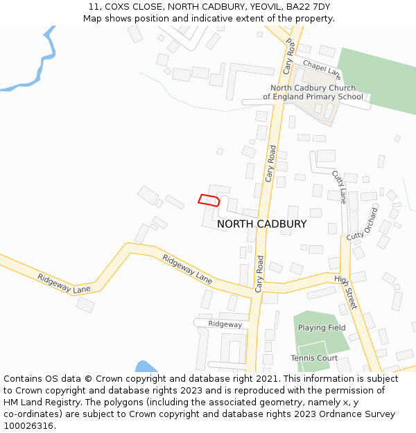 11, COXS CLOSE, NORTH CADBURY, YEOVIL, BA22 7DY: Location map and indicative extent of plot