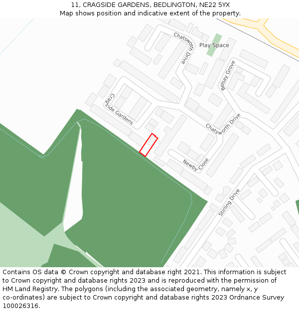 11, CRAGSIDE GARDENS, BEDLINGTON, NE22 5YX: Location map and indicative extent of plot