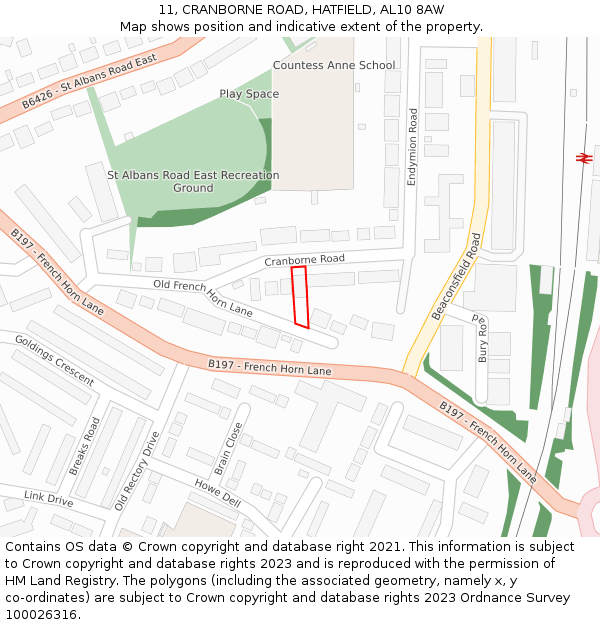 11, CRANBORNE ROAD, HATFIELD, AL10 8AW: Location map and indicative extent of plot