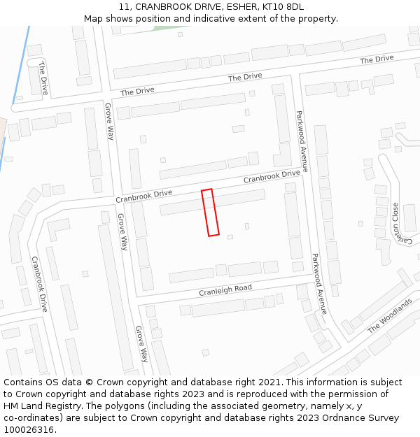 11, CRANBROOK DRIVE, ESHER, KT10 8DL: Location map and indicative extent of plot