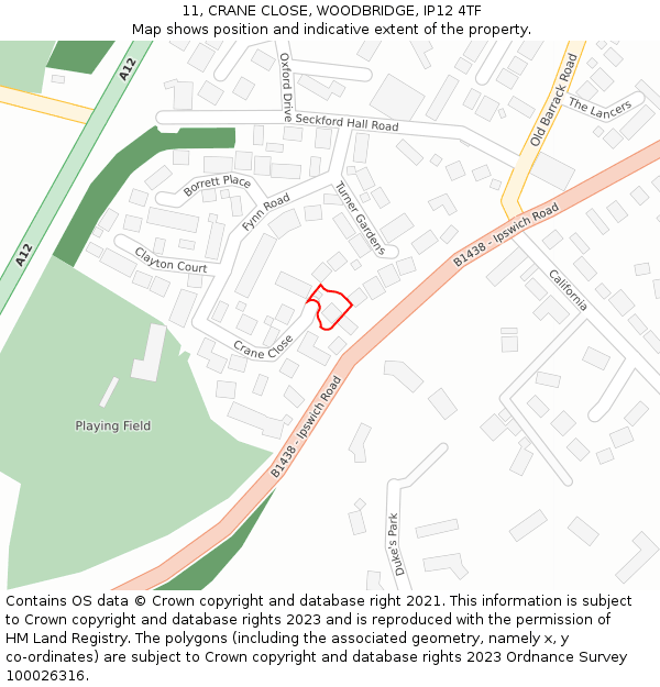 11, CRANE CLOSE, WOODBRIDGE, IP12 4TF: Location map and indicative extent of plot