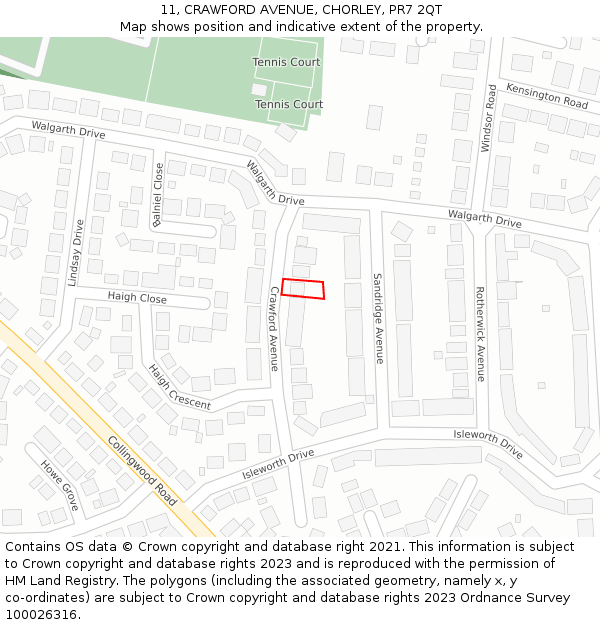 11, CRAWFORD AVENUE, CHORLEY, PR7 2QT: Location map and indicative extent of plot