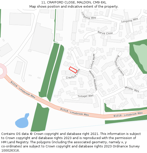 11, CRAYFORD CLOSE, MALDON, CM9 6XL: Location map and indicative extent of plot