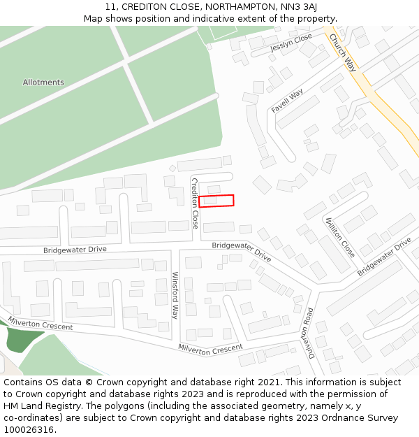 11, CREDITON CLOSE, NORTHAMPTON, NN3 3AJ: Location map and indicative extent of plot