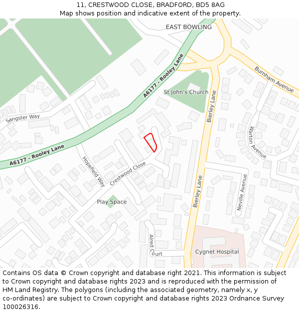 11, CRESTWOOD CLOSE, BRADFORD, BD5 8AG: Location map and indicative extent of plot