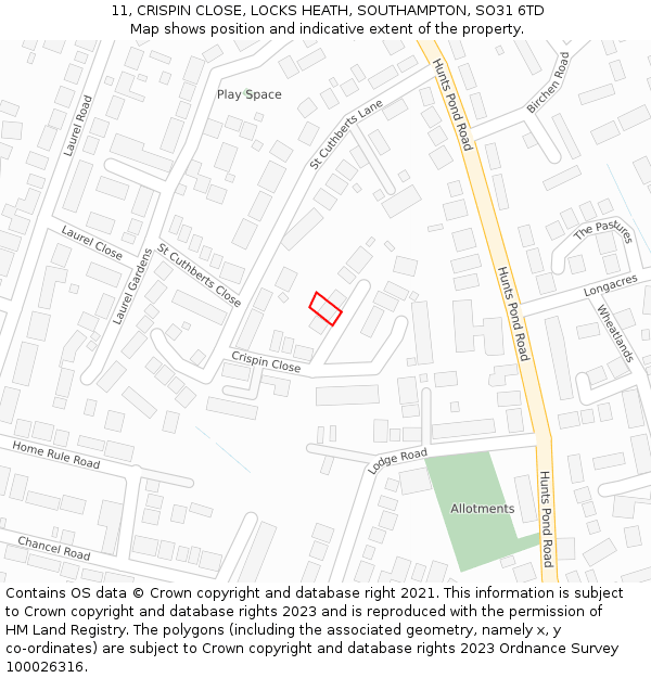 11, CRISPIN CLOSE, LOCKS HEATH, SOUTHAMPTON, SO31 6TD: Location map and indicative extent of plot