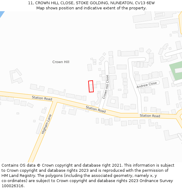 11, CROWN HILL CLOSE, STOKE GOLDING, NUNEATON, CV13 6EW: Location map and indicative extent of plot