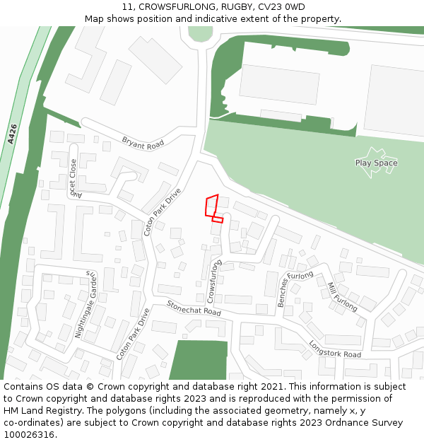 11, CROWSFURLONG, RUGBY, CV23 0WD: Location map and indicative extent of plot