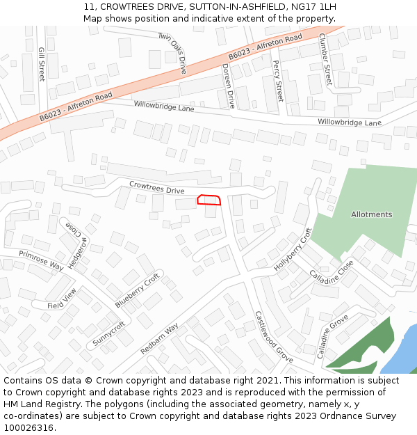 11, CROWTREES DRIVE, SUTTON-IN-ASHFIELD, NG17 1LH: Location map and indicative extent of plot