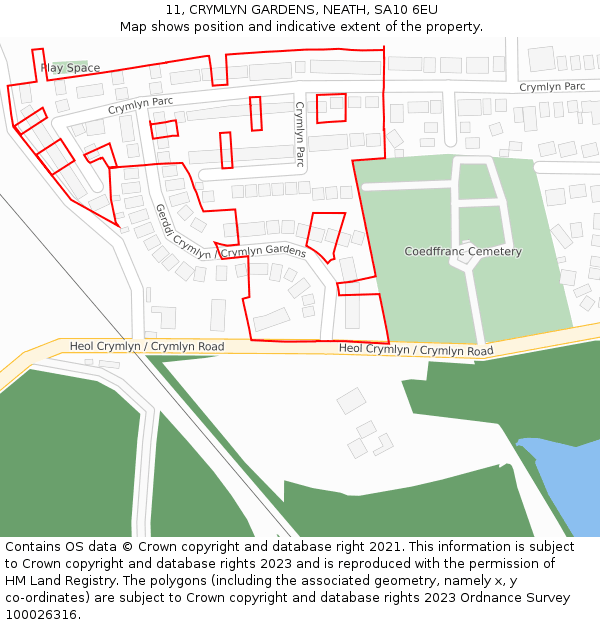 11, CRYMLYN GARDENS, NEATH, SA10 6EU: Location map and indicative extent of plot