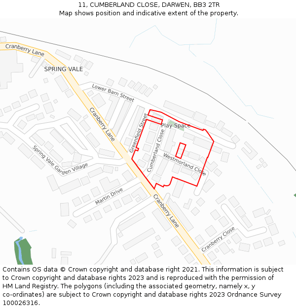 11, CUMBERLAND CLOSE, DARWEN, BB3 2TR: Location map and indicative extent of plot
