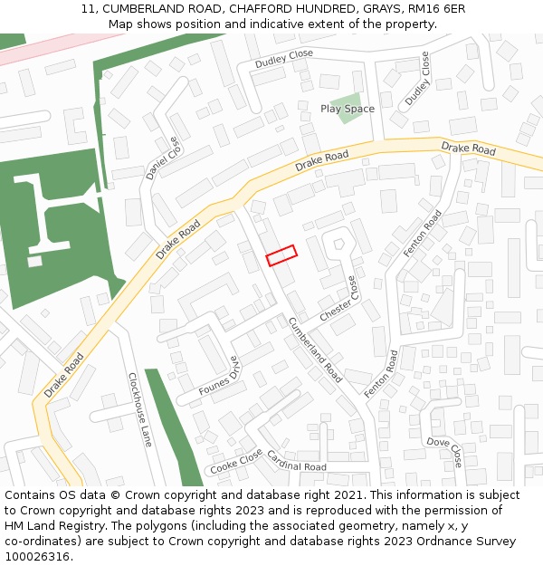 11, CUMBERLAND ROAD, CHAFFORD HUNDRED, GRAYS, RM16 6ER: Location map and indicative extent of plot