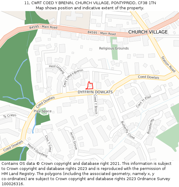 11, CWRT COED Y BRENIN, CHURCH VILLAGE, PONTYPRIDD, CF38 1TN: Location map and indicative extent of plot