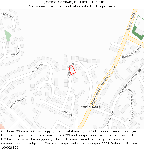 11, CYSGOD Y GRAIG, DENBIGH, LL16 3TD: Location map and indicative extent of plot