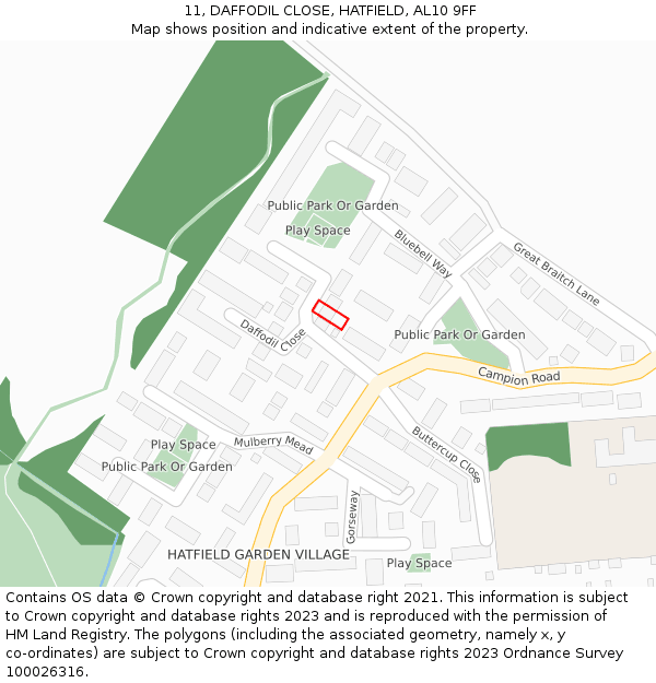 11, DAFFODIL CLOSE, HATFIELD, AL10 9FF: Location map and indicative extent of plot