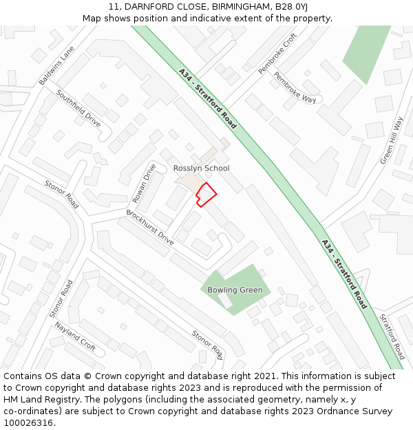 11, DARNFORD CLOSE, BIRMINGHAM, B28 0YJ: Location map and indicative extent of plot