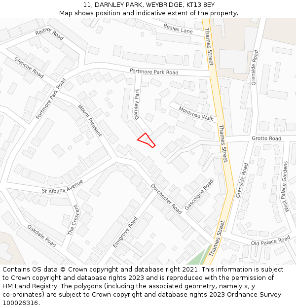 11, DARNLEY PARK, WEYBRIDGE, KT13 8EY: Location map and indicative extent of plot