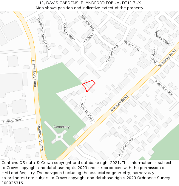 11, DAVIS GARDENS, BLANDFORD FORUM, DT11 7UX: Location map and indicative extent of plot