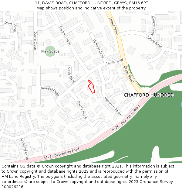 11, DAVIS ROAD, CHAFFORD HUNDRED, GRAYS, RM16 6PT: Location map and indicative extent of plot