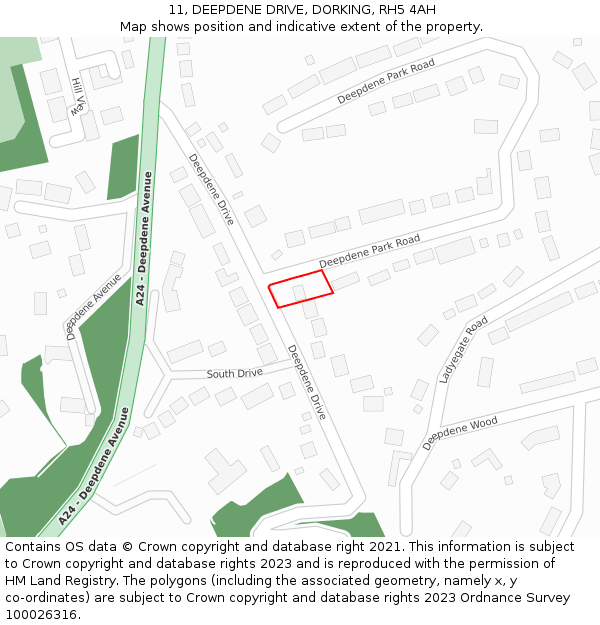 11, DEEPDENE DRIVE, DORKING, RH5 4AH: Location map and indicative extent of plot