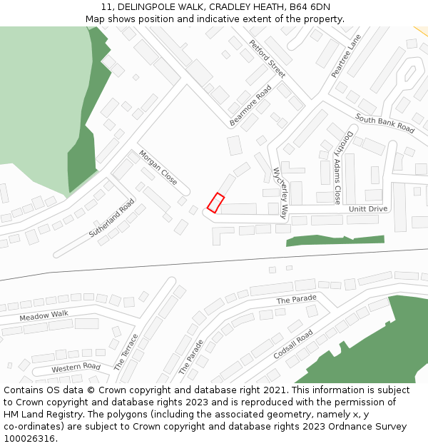 11, DELINGPOLE WALK, CRADLEY HEATH, B64 6DN: Location map and indicative extent of plot