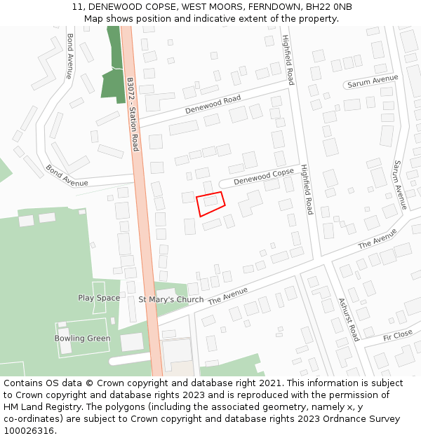 11, DENEWOOD COPSE, WEST MOORS, FERNDOWN, BH22 0NB: Location map and indicative extent of plot