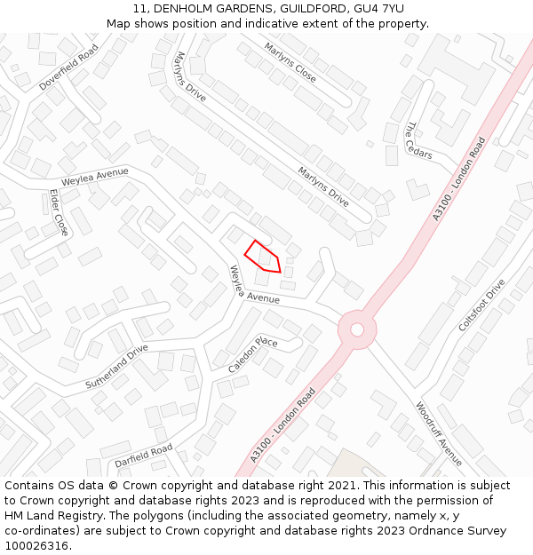 11, DENHOLM GARDENS, GUILDFORD, GU4 7YU: Location map and indicative extent of plot