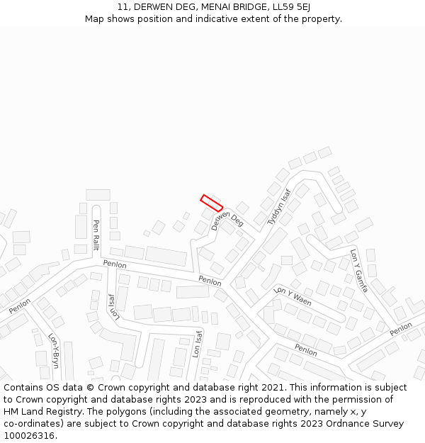 11, DERWEN DEG, MENAI BRIDGE, LL59 5EJ: Location map and indicative extent of plot