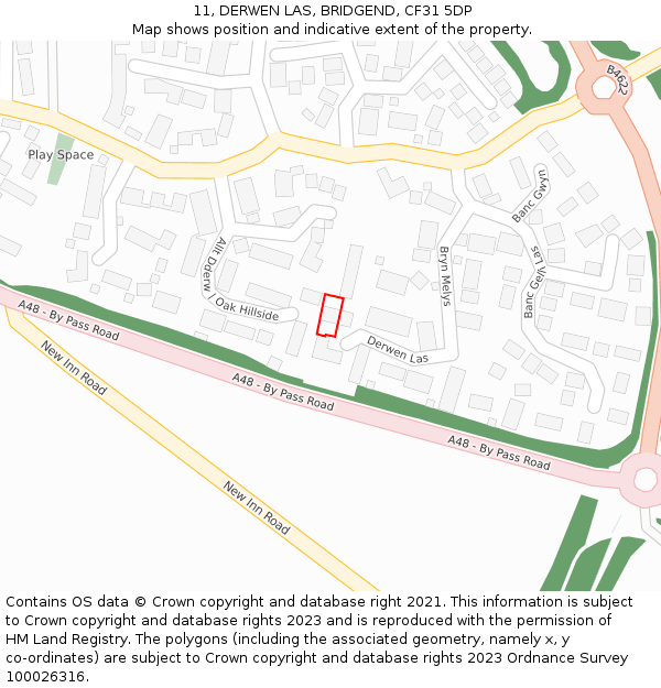 11, DERWEN LAS, BRIDGEND, CF31 5DP: Location map and indicative extent of plot