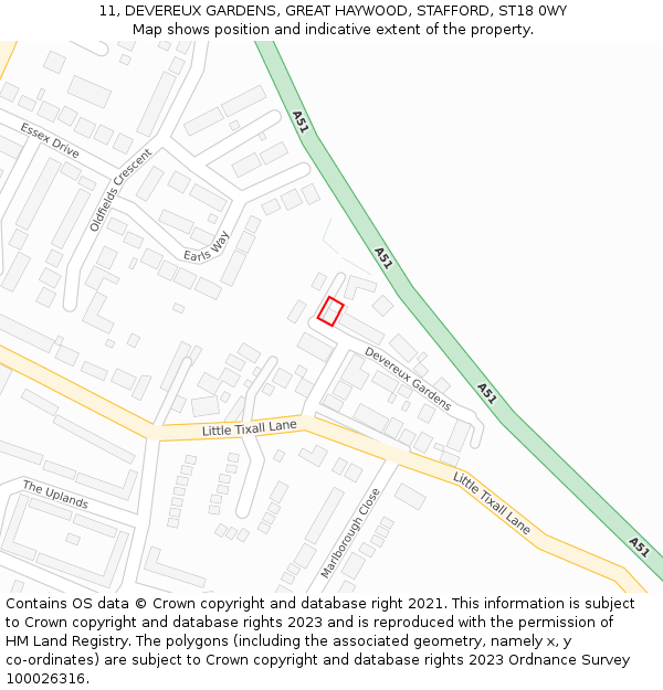 11, DEVEREUX GARDENS, GREAT HAYWOOD, STAFFORD, ST18 0WY: Location map and indicative extent of plot