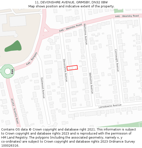 11, DEVONSHIRE AVENUE, GRIMSBY, DN32 0BW: Location map and indicative extent of plot
