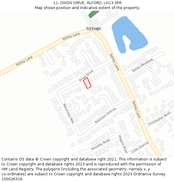 11, DIXON DRIVE, ALFORD, LN13 0PR: Location map and indicative extent of plot