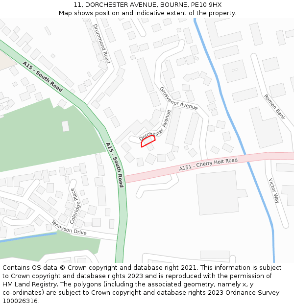 11, DORCHESTER AVENUE, BOURNE, PE10 9HX: Location map and indicative extent of plot